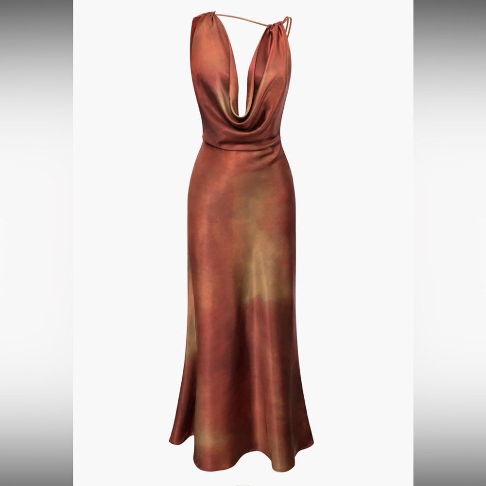 Elegant Gold/Bronze Backless Satin Dress Size Small. NWT. Never Worn.
